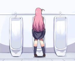 Rule 34 | 1girl, bocchi the rock!, brown footwear, clothes lift, from behind, gotoh hitori, hair ornament, highres, hinghoi, implied futanari, kneehighs, lifting own clothes, long hair, pink hair, pun, skirt, skirt lift, socks, solo, standing, urinal, urinal use