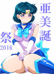 Rule 34 | 10s, 1girl, 2016, aqua hair, bishoujo senshi sailor moon, blue eyes, blue footwear, blue sailor collar, boots, breasts, choker, circlet, earrings, elbow gloves, gloves, impossible clothes, jewelry, knee boots, large breasts, miniskirt, mizuno ami, panties, pantyshot, pirochi, pleated skirt, ribbon, sailor collar, sailor mercury, sitting, skirt, smile, solo, translation request, underwear, wariza, white gloves
