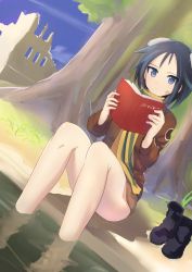 Rule 34 | 10s, 1girl, animal ears, ankle boots, bandages, bandage on face, black hair, blue eyes, book, boots, unworn boots, brave witches, dog ears, highres, kanno naoe, open book, reading, scarf, short hair, sitting, soaking feet, solo, strike witches, sugisaki tsugi, world witches series