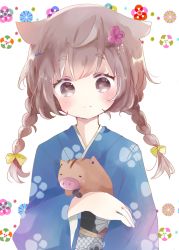 Rule 34 | 1girl, animal, bad id, bad pixiv id, blue kimono, blush, braid, brown eyes, brown hair, chinese zodiac, closed mouth, commentary request, hair ornament, japanese clothes, kimono, long hair, long sleeves, low twintails, obi, original, pig, sash, smile, solo, thick eyebrows, tsukiyo (skymint), twin braids, twintails, upper body, white background, wide sleeves, year of the pig