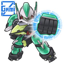 Rule 34 | artist name, chibi, clenched hands, gamiani zero, glowing, glowing hand, looking at viewer, mecha, no humans, robot, solo, white background, yellow eyes, zegapain, zegapain altair