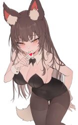 Rule 34 | 1girl, absurdres, animal ears, bare shoulders, black leotard, breasts, brown hair, cleavage, condom, condom wrapper, covered navel, from above, gluteal fold, heart, highres, large breasts, leotard, long hair, mouth hold, original, pantyhose, simple background, solo, tail, thigh gap, white background, wrist cuffs, yellow eyes, zerocat