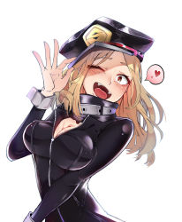 Rule 34 | 10s, 1girl, ;p, black bodysuit, blonde hair, blush, bodysuit, boku no hero academia, breasts, cleavage, hat, hat tip, heart, highres, kidmukuro, large breasts, looking at viewer, one eye closed, open mouth, police hat, simple background, smile, solo, thought bubble, tongue, tongue out, unzipped, utsushimi kemii, white background
