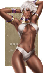 Rule 34 | 1girl, armlet, armpits, arms up, artist name, bare shoulders, bikini, blue eyes, bracelet, breasts, capcom, commentary, dark-skinned female, dark skin, elena (street fighter), highres, jewelry, light smile, lips, logo, looking at viewer, medium breasts, navel, neck ring, outside border, short hair, signature, simple background, smile, solo, stomach, street fighter, street fighter iii (series), swimsuit, thighs, tixie lix, twitter logo, watermark, white hair