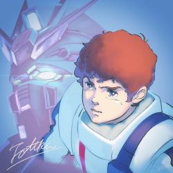 Rule 34 | 1boy, amuro ray, brown hair, char&#039;s counterattack, commentary, curly hair, green eyes, gundam, male focus, mecha, mobile suit, nu gundam, portrait, purple eyes, robot, short hair, signature, totthii0081, v-fin