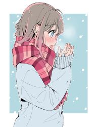 Rule 34 | 1girl, blue eyes, blue sweater, blush, border, breath, brown hair, from side, highres, long sleeves, looking down, maria komaki, multicolored hair, open mouth, original, outside border, pink hair, plaid, plaid scarf, profile, red scarf, scarf, snowing, solo, streaked hair, sweater, upper body, white border