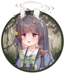 Rule 34 | 1girl, :3, ahoge, animal ears, binoculars, black hair, blue archive, breasts, e-note, forest, halo, highres, leaf, leaf on head, long hair, miyu (blue archive), nature, open mouth, outdoors, rabbit ears, red eyes, scared, school uniform, small breasts, tree