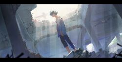 Rule 34 | 1boy, black hair, black pants, black tank top, commentary request, day, from behind, from side, highres, letterboxed, light rays, male focus, neck tattoo, off shoulder, outdoors, pants, rubble, ruins, sano manjirou, shirt, short hair, solo, standing, sunbeam, sunlight, tank top, tattoo, tokyo revengers, white shirt, zbntime