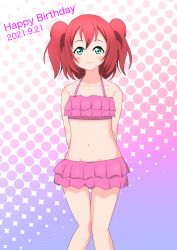Rule 34 | 1girl, absurdres, aqua eyes, arms behind back, artist name, artist request, bare legs, bare shoulders, bikini, bikini skirt, blush, breasts, cleavage, collarbone, female focus, frilled bikini, frills, green eyes, hair between eyes, highres, kurosawa ruby, looking at viewer, love live!, love live! sunshine!!, minasesin, parted lips, pink bikini, polka dot, polka dot background, red hair, short hair, small breasts, smile, solo, swimsuit, twintails, two side up, white background