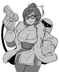 Rule 34 | 1girl, bad id, bad twitter id, beads, belt, belt pouch, black-framed eyewear, breasts, canister, cleavage, closed mouth, coat, cowboy shot, crop top, dark persona, drone, energy gun, eyebrows, finger on trigger, floating, fur-trimmed jacket, fur coat, fur trim, glasses, gloves, glowing, glowing eyes, gun, hair bun, hair ornament, hair stick, hand on own hip, hand up, handgun, holding, holding gun, holding weapon, hose, jacket, jocheong, large breasts, legs together, light smile, lipstick, long sleeves, machinery, makeup, mei (overwatch), monochrome, open clothes, open coat, overwatch, overwatch 1, parka, parody, pouch, ray gun, red eyes, robot, short hair, sidelocks, simple background, single hair bun, snowball (overwatch), solo, spot color, standing, swept bangs, tassel, utility belt, weapon, white background, winter clothes, winter coat