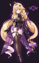 Rule 34 | 1girl, absurdres, alternate eye color, azur lane, black background, black footwear, black gloves, blonde hair, braid, brown leotard, brown thighhighs, budesonide, corruption, covered erect nipples, dark persona, detached sleeves, full body, gloves, glowing, hair ornament, high heels, highres, holding, holding polearm, holding weapon, le temeraire (azur lane), leotard, long hair, looking at viewer, polearm, pubic tattoo, purple eyes, purple ribbon, ribbon, shoes, simple background, solo, tattoo, thigh strap, thighhighs, twin braids, twintails, underbust, very long hair, weapon