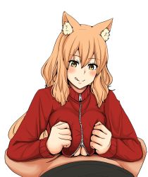 Rule 34 | 10s, 1girl, absurdres, animal ear fluff, animal ears, bad id, bad twitter id, blush, breasts, breasts squeezed together, den (den zuri555), fate/extra, fate/extra ccc, fate/extra ccc fox tail, fate/grand order, fate (series), fox ears, gym uniform, hair between eyes, hetero, highres, large breasts, licking lips, long hair, long sleeves, looking down, orange hair, paizuri, paizuri under clothes, simple background, suzuka gozen (fate), tongue, tongue out, upper body, white background, yellow eyes