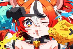 Rule 34 | 1girl, absurdres, animal ears, asymmetrical sleeves, blue eyes, collar, detached sleeves, finger frame, gloves, hakos baelz, hakos baelz (1st costume), highres, hololive, hololive english, mismatched sleeves, mouse ears, multicolored hair, one eye closed, paint splatter, ppot, red hair, single glove, spiked collar, spikes, streaked hair, tongue, tongue out, twintails, virtual youtuber