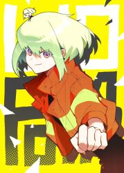 Rule 34 | 1boy, alternate costume, black pants, black shirt, blonde hair, character name, chibi, clenched hand, colored eyelashes, earrings, firefighter jacket, from side, highres, jacket, jewelry, lio fotia, long sleeves, looking at viewer, male focus, open clothes, open jacket, pants, promare, purple eyes, red jacket, shirt, short hair, sidelocks, smile, solo, trap, triangle earrings, xiu xxx wu, yellow background