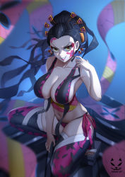 Rule 34 | 1girl, black hair, black legwear, black nails, blue background, blurry, blurry background, breasts, chinese commentary, cleavage, commentary, daki (kimetsu no yaiba), facial mark, fingernails, geta, hair ornament, halterneck, hand up, highres, kimetsu no yaiba, large breasts, lipstick, long fingernails, long hair, looking at viewer, makeup, multicolored clothes, multicolored legwear, nail polish, on one knee, panties, pink legwear, pink panties, red lips, red pupils, shadow cat (yingmiao), signature, smile, solo, teeth, text in eyes, toenails, underwear, very long hair
