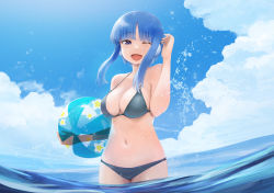 Rule 34 | 1girl, ball, beachball, bikini, black bikini, blue eyes, blue hair, blue sky, breasts, cloud, commentary request, commission, cowboy shot, day, hand up, highres, holding, holding ball, holding beachball, ilfa (to heart), large breasts, looking at viewer, navel, ocean, one eye closed, open mouth, outdoors, pixiv commission, rainen ganbarimashita, robot ears, short hair with long locks, sky, smile, solo, splashing, swimsuit, to heart (series), to heart 2, wading, water