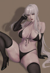 Rule 34 | 1girl, bikini, black bikini, black footwear, black gloves, black thighhighs, breasts, closed mouth, elbow gloves, final fantasy, final fantasy xiv, front-tie bikini top, front-tie top, gloves, hand up, high heels, highres, jeneral, large breasts, lipstick, long hair, looking at viewer, makeup, navel, omega-f, omega (final fantasy), ponytail, red eyes, red lips, sidelocks, solo, spread legs, sweat, swimsuit, thighhighs, veins, veiny breasts, very long hair