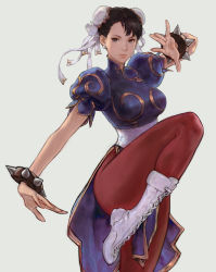 Rule 34 | 1girl, absurdres, black hair, blue eyes, boots, bracelet, breasts, bun cover, capcom, china dress, chinese clothes, chun-li, closed mouth, commentary request, cross-laced footwear, double bun, dress, earrings, fighting stance, gold trim, hair bun, highres, jewelry, knee boots, lace-up boots, leg up, lips, looking at viewer, medium breasts, pantyhose, puffy short sleeves, puffy sleeves, short sleeves, simple background, spiked bracelet, spikes, street fighter, street fighter ii (series), wave 61, white footwear