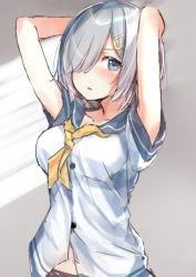Rule 34 | 1girl, arms behind head, arms up, blue eyes, blush, breasts, buttons, hair ornament, hair over one eye, hairclip, hamakaze (kancolle), hasaki (alice ruru), kantai collection, looking at viewer, medium breasts, neckerchief, open mouth, sailor collar, school uniform, serafuku, short hair, short sleeves, silver hair, simple background, solo, upper body, yellow neckerchief