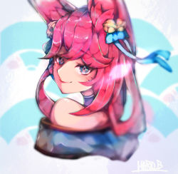 Rule 34 | 1girl, ahri (league of legends), animal ears, artist name, bare shoulders, bell, blue eyes, fox ears, fox girl, hair bell, hair ornament, highres, league of legends, looking at viewer, looking back, mariobaby, pink hair, smile, solo, spirit blossom ahri
