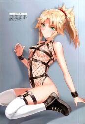 Rule 34 | 1girl, absurdres, ankle boots, bare shoulders, blonde hair, blush, boots, breasts, closed mouth, fate/apocrypha, fate/grand order, fate (series), fishnet leotard, full body, gradient background, green eyes, highleg, highleg leotard, highres, leotard, long hair, looking at viewer, mordred (fate), mordred (fate/apocrypha), o-ring, o-ring leotard, ponytail, revealing clothes, scan, shadow, sidelocks, simple background, sitting, small breasts, solo, thighhighs, tonee, wristband