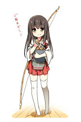 Rule 34 | 10s, 1girl, aged down, akagi (kancolle), bauxite, blush, bow (weapon), brown eyes, brown hair, bucket, hakama, hakama short skirt, hakama skirt, hatsunatsu, japanese clothes, kantai collection, long hair, looking at viewer, muneate, no shoes, pleated skirt, red background, simple background, skirt, solo, standing, tasuki, thighhighs, weapon, white background, white thighhighs