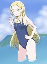 Rule 34 | 1girl, blonde hair, blue eyes, blue one-piece swimsuit, blue sky, breasts, cloud, commentary request, competition school swimsuit, cowboy shot, day, jewelry, kofune ushio, long hair, mountain, necklace, one-piece swimsuit, outdoors, school swimsuit, shell, shell necklace, sky, small breasts, soaking feet, solo, standing, summertime render, swimsuit, tereon, very long hair, water