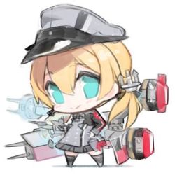 Rule 34 | 10s, 1girl, anchor hair ornament, bad id, bad twitter id, blonde hair, blue eyes, chibi, cross, hair ornament, hat, iron cross, kantai collection, long hair, long sleeves, lowres, machinery, military, military uniform, minono aki, peaked cap, prinz eugen (kancolle), simple background, smile, solo, standing, turret, twintails, uniform, white background