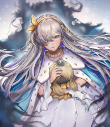 Rule 34 | 1girl, absurdres, anastasia (fate), blue eyes, cape, crown, doll, dress, fate/grand order, fate (series), hair over one eye, hairband, highres, holding, holding doll, jewelry, long hair, looking at viewer, mini crown, necklace, parayang, royal robe, silver hair, solo, very long hair, viy (fate), white dress