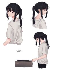 Rule 34 | 1girl, absurdres, alternate hairstyle, black hair, casual, chxoswolf, commentary, cropped legs, cropped torso, english commentary, frying pan, highres, holding, holding frying pan, inoue takina, lycoris recoil, multiple views, ponytail, purple eyes, shirt, short sleeves, signature, white background, white shirt