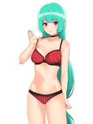 Rule 34 | 1girl, arm behind back, bikini, black neckwear, blunt bangs, blush, breasts, choker, cleavage, collarbone, cowboy shot, green hair, hand up, highres, hip focus, long hair, looking at viewer, low-tied long hair, medium breasts, navel, nezuko, original, parted lips, red eyes, simple background, skindentation, smile, solo, standing, strap pull, swimsuit, thighs, very long hair, white background