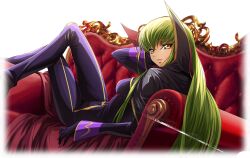Rule 34 | 1girl, arm up, artist request, black cape, black gloves, blue bodysuit, bodysuit, border, breasts, c.c., cape, code geass, code geass: lost stories, cosplay, couch, crossed legs, dutch angle, feet out of frame, female focus, from behind, game cg, gloves, gold trim, green hair, hand on own cheek, hand on own face, high collar, highres, long hair, long sleeves, looking at viewer, looking back, lying, medium breasts, non-web source, official art, on back, on couch, parted lips, sidelocks, solo, teeth, transparent background, transparent border, two-sided cape, two-sided fabric, yellow eyes, zero (code geass), zero (code geass) (cosplay)