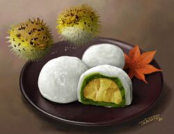 Rule 34 | absurdres, animal focus, brown background, daifuku, dated, fish, food, food focus, gradient background, highres, leaf, no humans, original, plate, puffer fish, shadow, signature, surreal, tainosuke, translation request