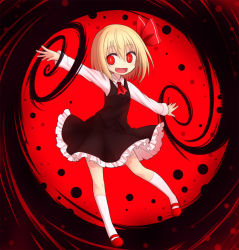Rule 34 | 1girl, ascot, blonde hair, blush, darkness, fang, full body, hair ribbon, kneehighs, long sleeves, looking to the side, mary janes, miruki, open mouth, outstretched arms, red background, red eyes, ribbon, rumia, shirt, shoes, short hair, skirt, skirt set, smile, socks, solo, touhou, vest, white socks