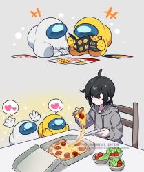Rule 34 | 1other, ahoge, ambiguous gender, among us, arms up, black hair, cheese, commentary request, disembodied hand, food, grey hoodie, happy, heart, helmet, highres, holding, hood, hood down, hoodie, kiman, long sleeves, no eyes, original, pale skin, pizza, reading, salad, short hair, sitting, space helmet, spacesuit, spoken heart, they (kiman), tomato, watermark, white (among us), yellow (among us)