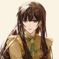 Rule 34 | 1girl, blue eyes, brooch, brown hair, chinese commentary, commentary request, earrings, fanbuhuigugugujun, fors wall, gem, green gemstone, hat, highres, jewelry, lips, long hair, looking to the side, lord of the mysteries, shirt, simple background, smile, solo, yellow shirt