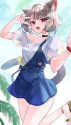 1girl :d animal_ears black_choker blue_overalls blue_skirt cat_ears cat_girl cat_tail choker extra_ears fang grey_hair haro_(1026_86) highres looking_at_viewer multicolored_hair neneko_mashiro open_mouth overall_skirt overalls palm_leaf platform_footwear puffy_short_sleeves puffy_sleeves red_eyes red_hair scrunchie see-through_clothes see-through_shirt shirt short_hair short_sleeves skin_fang skirt smile stellive strap_slip streaked_hair tail v v_over_eye virtual_youtuber white_shirt