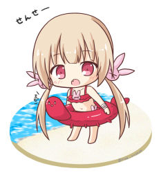 Rule 34 | &gt; &lt;, 1girl, :o, bandaged arm, bandages, bare shoulders, barefoot, beach, bikini, blush, chibi, collarbone, fang, full body, hair ornament, innertube, light brown hair, long hair, looking at viewer, low twintails, natori sana, navel, open mouth, rabbit hair ornament, red bikini, red eyes, red innertube, ri-net, sana channel, sand, solo, standing, swim ring, swimsuit, translation request, twintails, very long hair, virtual youtuber, water, white background