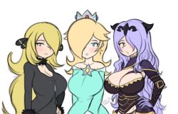 Rule 34 | 3girls, bare shoulders, blonde hair, blue eyes, breasts, camilla (fire emblem), cleavage, creatures (company), crossover, crown, cynthia (pokemon), dodo-bot, female focus, fire emblem, fire emblem fates, game freak, gloves, hair over one eye, hand on own hip, large breasts, long hair, looking at viewer, mario (series), matching hair/eyes, md5 mismatch, multiple girls, nintendo, pokemon, pokemon dppt, purple eyes, purple gloves, purple hair, resolution mismatch, rosalina, signature, source larger, super mario galaxy, trait connection, vambraces