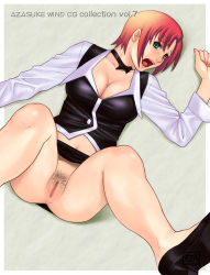 Rule 34 | 1girl, absurdres, azasuke, bow, bowtie, breasts, censored, cleavage, earrings, female pubic hair, from above, green eyes, high heels, highres, jewelry, legs up, lying, midriff, miniskirt, nail polish, navel, no panties, on back, open mouth, pubic hair, pussy, red hair, rio rollins, shoes, short hair, skirt, solo, spread legs, super blackjack, upskirt
