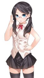 Rule 34 | 1girl, bare shoulders, black hair, black thighhighs, blue eyes, blush, cross hair ornament, dress shirt, glasses, hair ornament, hand on own hip, long hair, looking at viewer, original, ray-akila, ray littlechamber, rimless eyewear, shirt, simple background, skirt, sleeveless, sleeveless shirt, solo, thighhighs, twintails, white background, zettai ryouiki