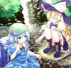 Rule 34 | 2girls, apron, asa (ces6ces8), backpack, bag, blonde hair, blue eyes, blue hair, boots, bow, bowtie, convenient leg, closed eyes, flat cap, frilled skirt, frills, hair bobbles, hair ornament, hair ribbon, hat, kawashiro nitori, key, kirisame marisa, long hair, looking at another, moss, multiple girls, on rock, open hand, open mouth, partially submerged, puffy short sleeves, puffy sleeves, ribbon, short hair, short sleeves, skirt, skirt set, squatting, standing, stream, sunlight, touhou, tree, twintails, two side up, waist apron, water, water drop, waterfall, wet, wet clothes, wet hair, witch hat