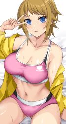 Rule 34 | 1girl, arm support, bare shoulders, bed sheet, blue eyes, breasts, brown hair, cleavage, collarbone, commentary request, cowboy shot, gundam, gundam build fighters, gundam build fighters try, highres, hoshino fumina, jacket, long sleeves, looking at viewer, medium breasts, midriff, navel, nirowata, off shoulder, parted lips, pink sports bra, shadow, short hair, sidelocks, sitting, solo, sports bikini, sports bra, sweat, v, v over eye, yellow jacket