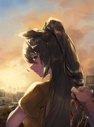 Rule 34 | 1girl, 1other, animal ears, black hair, blue eyes, blush, building, commentary request, el condor pasa (umamusume), eye mask, feet out of frame, from behind, hair between eyes, highres, holding, holding mask, horse ears, long hair, long sleeves, looking at viewer, looking back, mask, unworn mask, outdoors, ponytail, shirt, short sleeves, solo focus, sunagami13, sunset, tears, umamusume, very long hair, yellow shirt