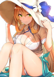 Rule 34 | 1girl, bikini, bikini under clothes, blouse, breasts, brown hair, cleavage, collared shirt, girls&#039; frontline, green eyes, hair between eyes, hat, large breasts, long hair, looking at viewer, luse maonang, o-ring, o-ring bikini, o-ring top, official alternate costume, sarong, see-through, shirt, simple background, sitting, solo, springfield (girls&#039; frontline), springfield (stirring mermaid) (girls&#039; frontline), sun hat, swimsuit, very long hair, white background, white bikini, white hat, white shirt