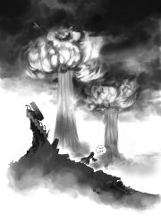 Rule 34 | 00s, cross, explosion, explosive, greyscale, monochrome, moruga, mushroom cloud, nuclear explosion, nuclear weapon, rozen maiden, ruins, skull, solo, suigintou, translated, weapon of mass destruction