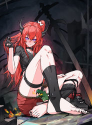 Rule 34 | 1girl, absurdres, amisha i, arknights, black choker, black footwear, black gloves, black legwear, black nails, black shirt, blush, breath weapon, breathing fire, choker, closed mouth, collarbone, crop top, crossed ankles, crown hair ornament, dark background, demon horns, dragon, eyebrows, feet, figure, fire, foot focus, foreshortening, from below, full body, gloves, hair ornament, hand in own hair, hand on own thigh, highres, horns, knees, knees up, long hair, looking at viewer, miniskirt, nail polish, official alternate costume, one side up, planted, planted sword, planted weapon, purple eyes, red hair, red skirt, shirt, shoes, single glove, sitting, skirt, smile, solo, split mouth, stirrup legwear, surtr (arknights), surtr (liberte echec) (arknights), sword, t-shirt, thigh strap, toeless legwear, toenail polish, toenails, toes, unworn shoes, v-shaped eyebrows, weapon