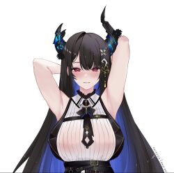 Rule 34 | 1girl, absurdres, amai-pai, armpits, arms up, asymmetrical horns, belt, black belt, black hair, breasts, colored inner hair, crystal horns, demon horns, hair ornament, highres, hololive, hololive english, horn flower, horns, large breasts, long hair, looking at viewer, mole, mole under eye, multicolored hair, nerissa ravencroft, nerissa ravencroft (1st costume), red eyes, shirt, simple background, solo, tassel, tassel hair ornament, two-tone hair, uneven horns, upper body, virtual youtuber, white background, white shirt