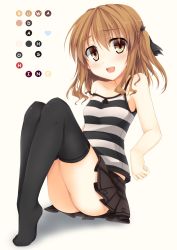 Rule 34 | 1girl, :d, bad id, bad pixiv id, bare shoulders, black skirt, black thighhighs, blush, brown eyes, brown hair, character name, highres, kaguyuu, legs, miniskirt, no shoes, open mouth, original, pleated skirt, shirt, sitting, skirt, smile, solo, strap slip, striped clothes, striped shirt, striped skirt, suwadai hoshine, thighhighs