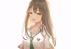 Rule 34 | 1girl, :d, aqua eyes, backlighting, bosumonki, breast pocket, brown hair, collarbone, collared shirt, commentary request, green necktie, highres, idolmaster, idolmaster cinderella girls, jewelry, long hair, looking at viewer, necklace, necktie, open mouth, pocket, school uniform, shibuya rin, shirt, short sleeves, simple background, smile, solo, striped necktie, striped neckwear, upper body, white background, white shirt